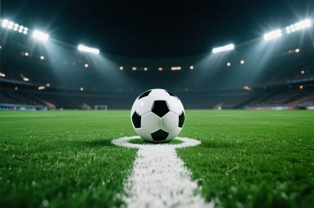 A close-up of a green soccer field with a football placed on the white penalty spot under dramatic stadium lighting