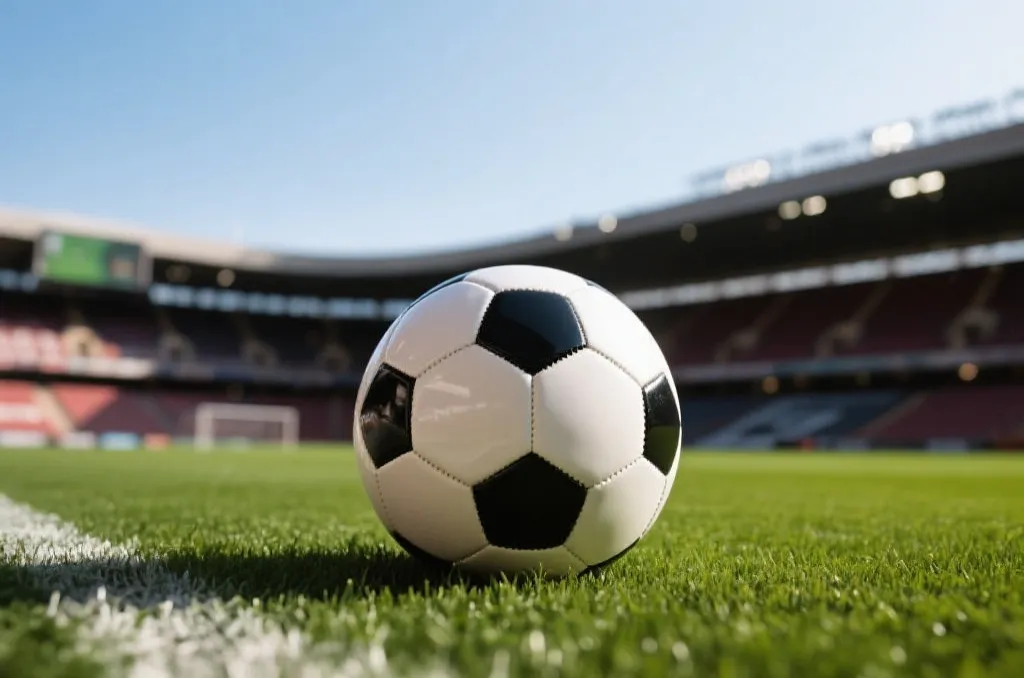 A close-up of a sleek soccer ball resting on the manicured grass of a professional stadium field, cinematic lighting